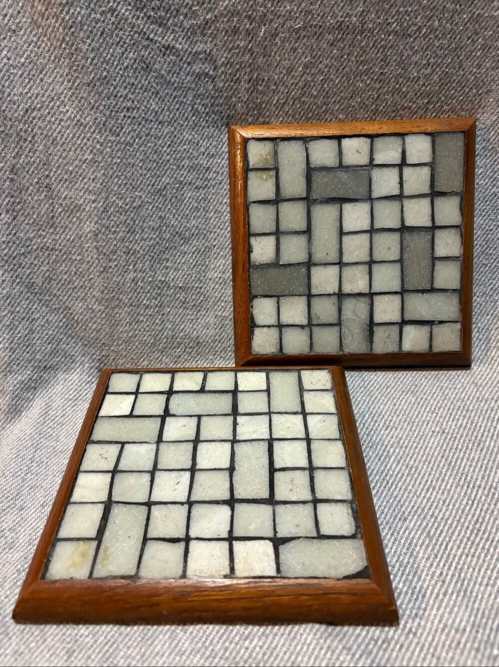Vintage Denmark Mosaic Tile Trivet Set of 2 Danish Modern MCM Wood Framed